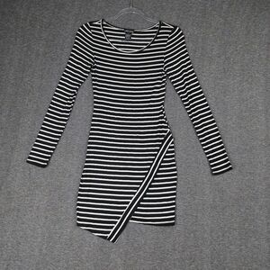 WET SEAL WOMENS BLACK WHITE STRIPE ASYMMETRICAL BODY CON Y2K LONG SLEEVE DRESS S